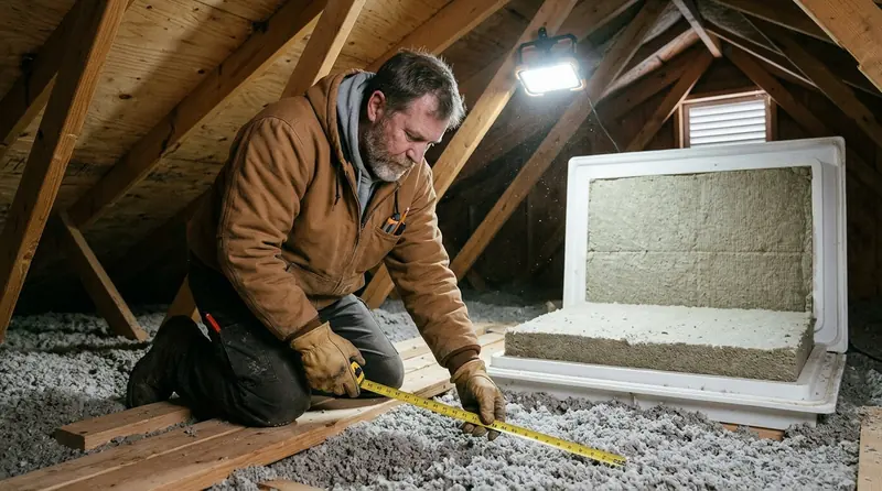 Artisan RGE mesurant l'épaisseur d'isolant dans des combles perdus dans le Ain
